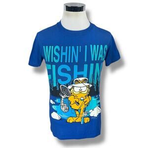 Vintage Garfield Wishin' I Was Fishing T-Shirt Men’s Medium Blue 70s USA Graphic